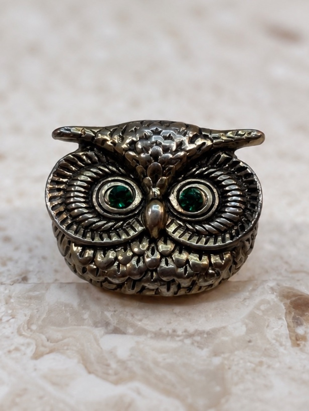 Vintage-Style Brass Owl Decorative Accent with Green Eyes